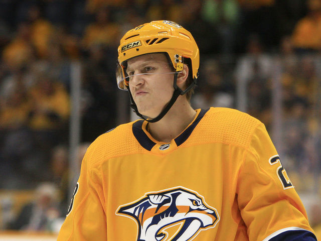 NASHVILLE, TN - SEPTEMBER 21: Nashville Predators right wing Eeli Tolvanen (28) is shown during the NHL preseason game between the Nashville Predators and Tampa Bay Lightning, held on September 21, 2019, at Bridgestone Arena in Nashville, Tennessee.