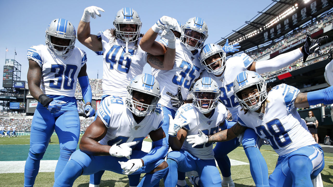 PHILADELPHIA, PENNSYLVANIA - SEPTEMBER 22: Jamal Agnew #39 of the Detroit Lions celebrates his 100 yard kick off return for a touchdown with teammates Dee Virgin #30,Nick Bawden #46,C.J. Moore #49,Miles Killebrew #35,Logan Thomas #82 and Mike Ford #38 in the first quarter against the Philadelphia Eagles at Lincoln Financial Field on September 22, 2019 in Philadelphia, Pennsylvania.