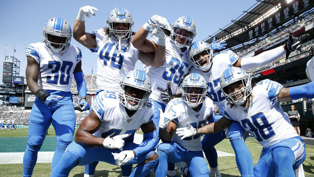 PHILADELPHIA, PENNSYLVANIA - SEPTEMBER 22: Jamal Agnew #39 of the Detroit Lions celebrates his 100 yard kick off return for a touchdown with teammates Dee Virgin #30,Nick Bawden #46,C.J. Moore #49,Miles Killebrew #35,Logan Thomas #82 and Mike Ford #38 in the first quarter against the Philadelphia Eagles at Lincoln Financial Field on September 22, 2019 in Philadelphia, Pennsylvania.