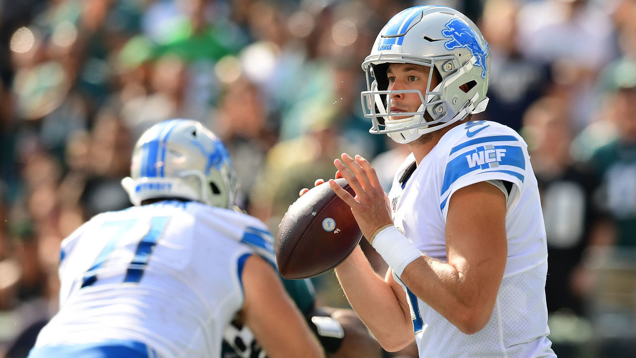 PHILADELPHIA, PENNSYLVANIA - SEPTEMBER 22: Matthew Stafford #9 of the Detroit Lions looks to make a pass during their game against the Philadelphia Eagles at Lincoln Financial Field on September 22, 2019 in Philadelphia, Pennsylvania. The Lions won 27-24.