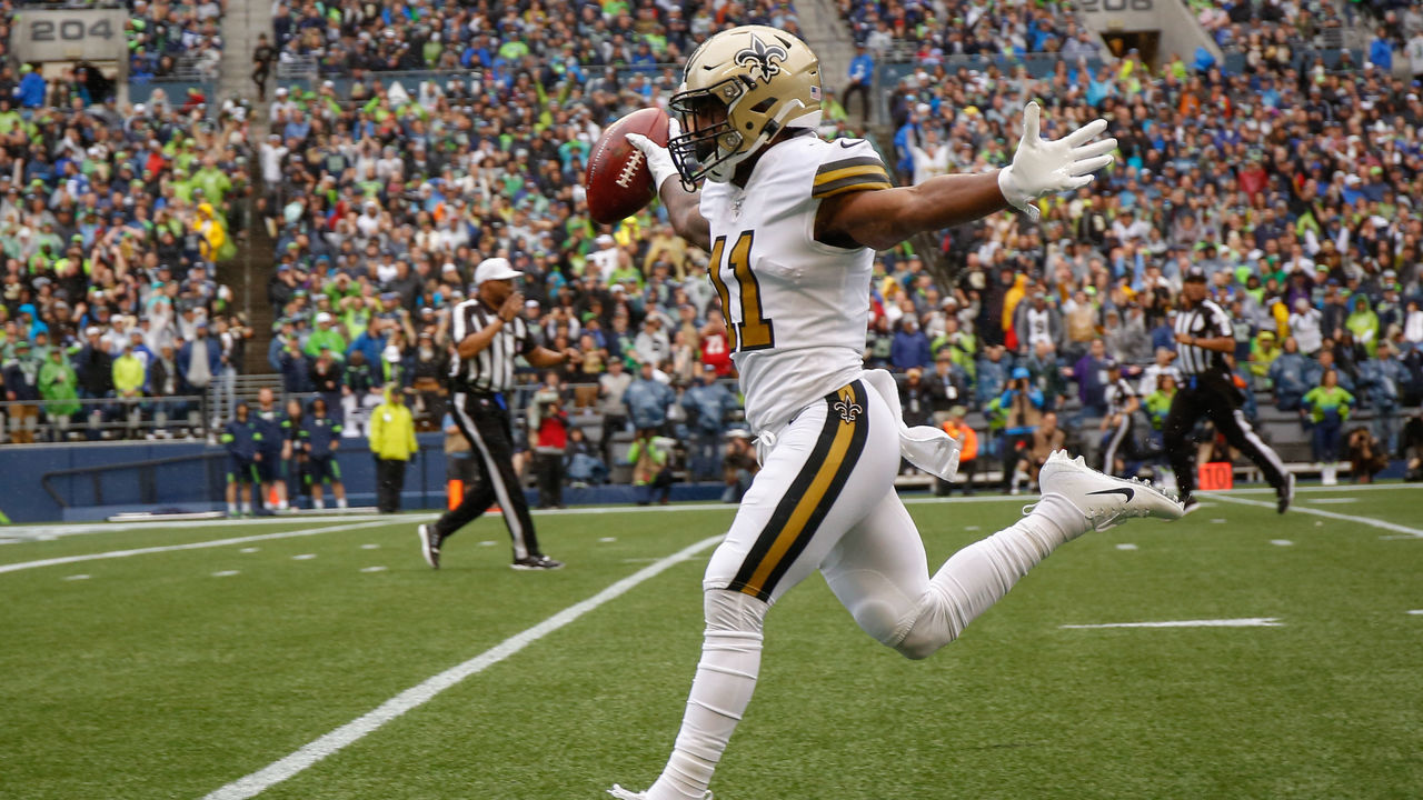 SEATTLE, WA - SEPTEMBER 22: Punt returner Deonte Harris #11 of the New Orleans Saints rushes for a touchdown in the first quarter against the Seattle Seahawks at CenturyLink Field on September 22, 2019 in Seattle, Washington.