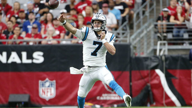 GLENDALE, ARIZONA - SEPTEMBER 22: Quarterback Kyle Allen #7 of the Carolina Panthers throws a pass against the Arizona Cardinals during the first half of the NFL football game at State Farm Stadium on September 22, 2019 in Glendale, Arizona.