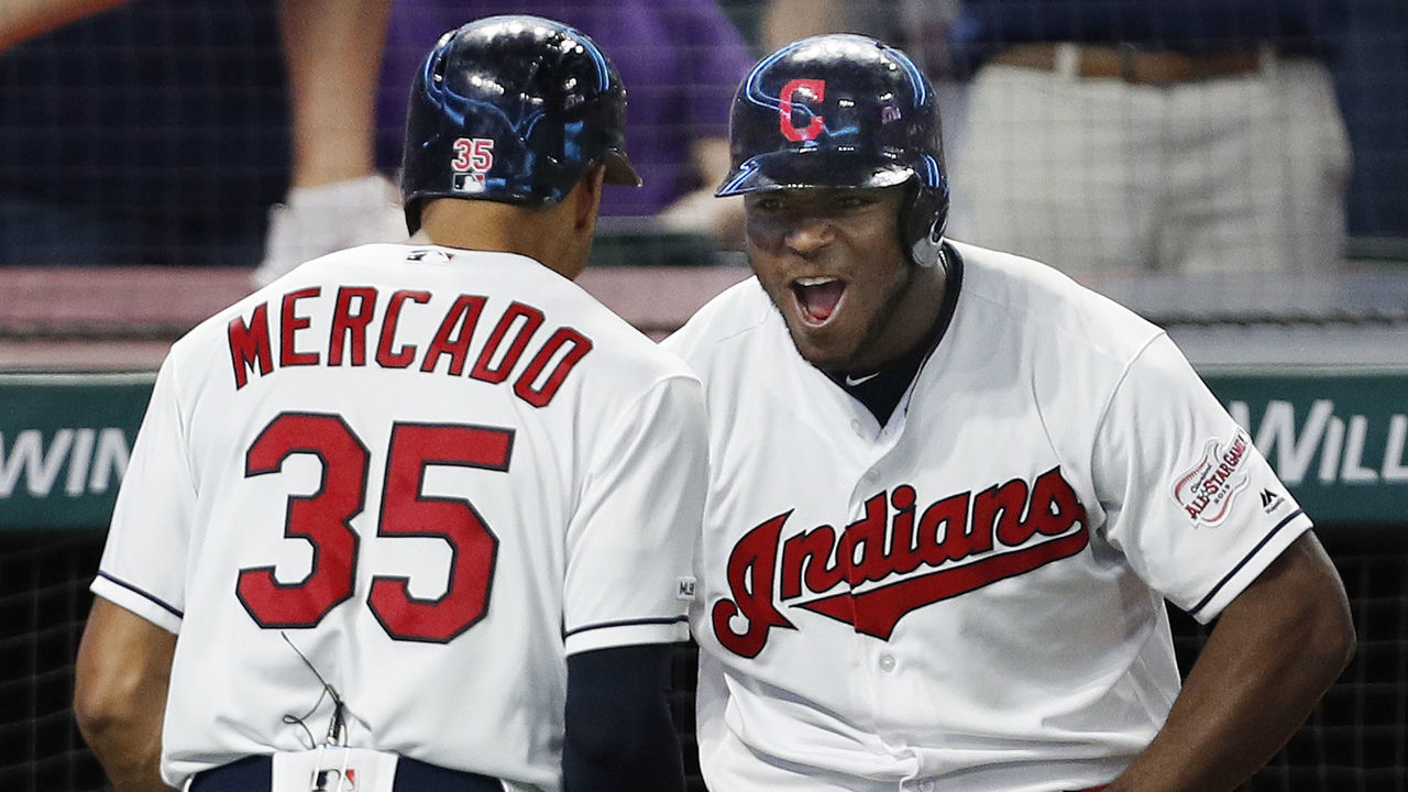 CLEVELAND, OH - SEPTEMBER 22: Oscar Mercado #35 of the Cleveland Indians celebrates his three run home run against the Philadelphia Phillies with Yasiel Puig #66 as he returns to the dugout in the fifth inning at Progressive Field on September 22, 2019 in Cleveland, Ohio.