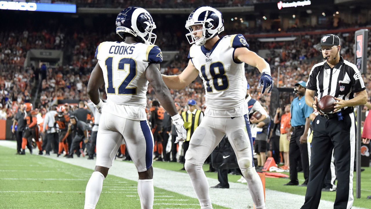 CLEVELAND, OHIO - SEPTEMBER 22: wide receiver Brandin Cooks #12 celebrates with teammate wide receiver Cooper Kupp #18 of the Los Angeles Rams after Kupp scored during the fourth quarter against the Cleveland Browns at FirstEnergy Stadium on September 22, 2019 in Cleveland, Ohio.