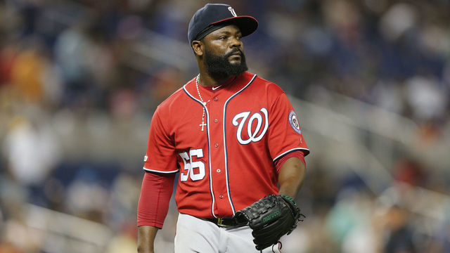 MIAMI, FLORIDA - SEPTEMBER 21: Fernando Rodney #56 of the Washington Nationals reacts after being taken out of the game in the eighth inning against the Miami Marlins at Marlins Park on September 21, 2019 in Miami, Florida.