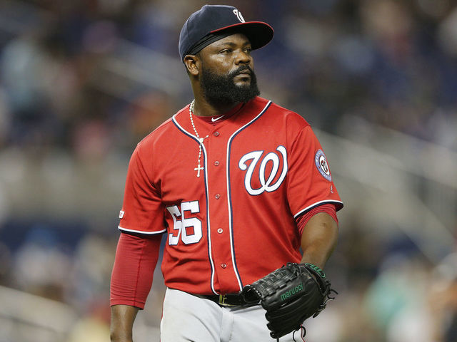 MIAMI, FLORIDA - SEPTEMBER 21: Fernando Rodney #56 of the Washington Nationals reacts after being taken out of the game in the eighth inning against the Miami Marlins at Marlins Park on September 21, 2019 in Miami, Florida.
