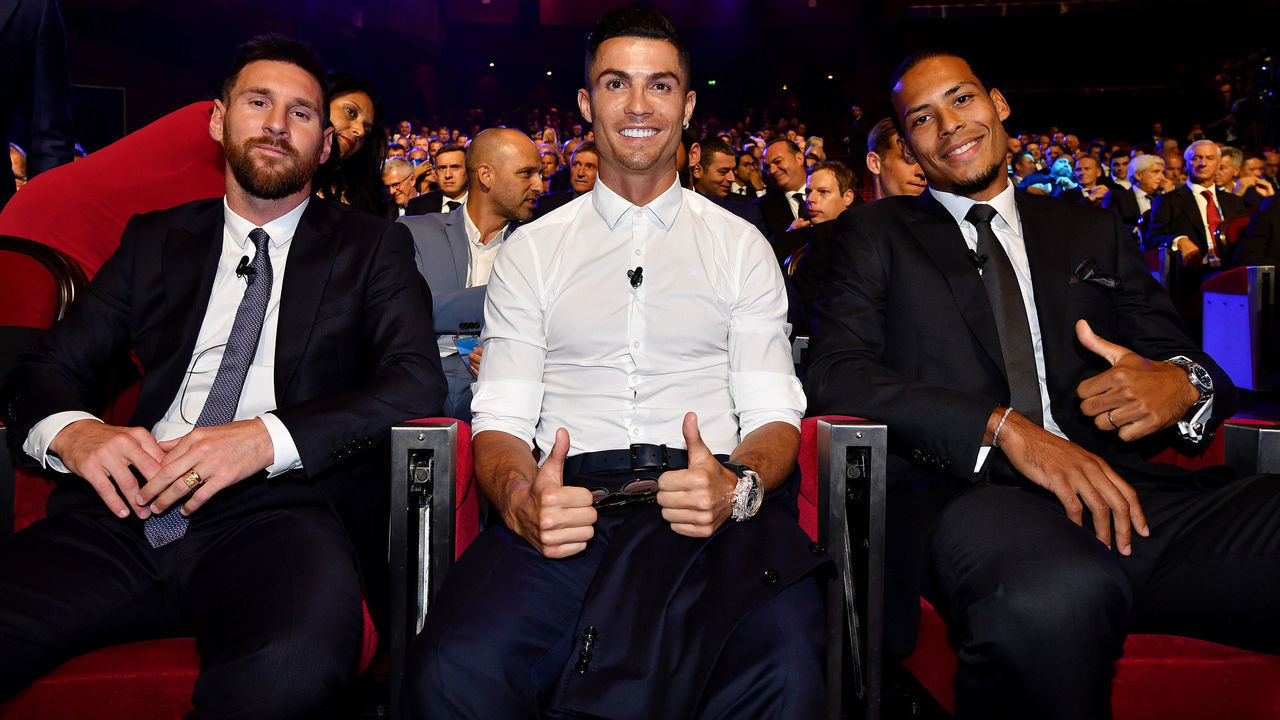 MONACO, MONACO - AUGUST 29: (L) Lionel Messi of FC Barcelona, Cristiano Ronaldo of Juventus and Virgil van Dijk of Liverpool pose for a photo during the UEFA Champions League Draw, part of the UEFA European Club Football Season Kick-Off 2019/2020 at Salle des Princes, Grimaldi Forum on August 29, 2019 in Monaco, Monaco.