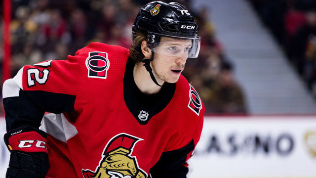 OTTAWA, ON - DECEMBER 09: Ottawa Senators Defenceman Thomas Chabot (72) watches the play during third period National Hockey League action between the Boston Bruins and Ottawa Senators on December 9, 2018, at Canadian Tire Centre in Ottawa, ON, Canada.