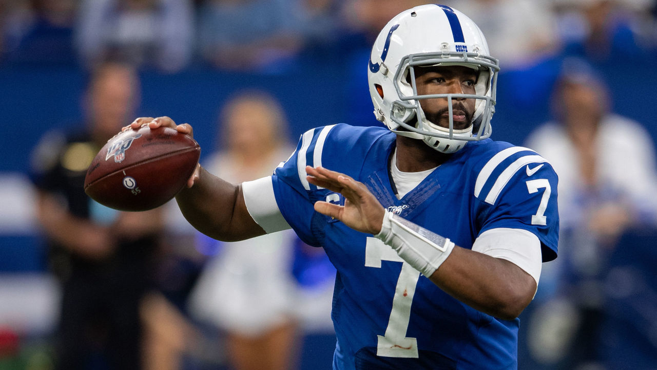 INDIANAPOLIS, IN - SEPTEMBER 22: Indianapolis Colts quarterback Jacoby Brissett (7) rolls to the outside during the NFL game between the Atlanta Falcons and the Indianapolis Colts on September 22, 2019 at Lucas Oil Stadium, in Indianapolis, IN.