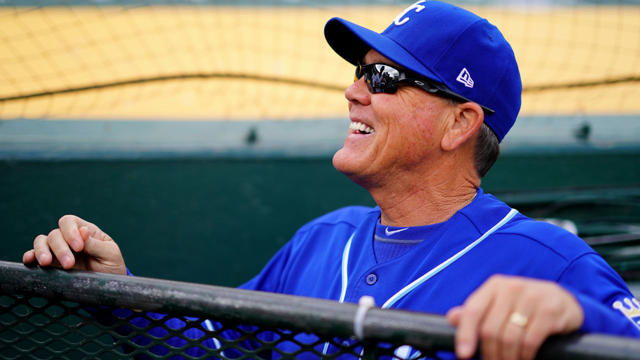 OAKLAND, CALIFORNIA - SEPTEMBER 18: Manager Ned Yost #3 of the Kansas City Royals speaks with fans prior to the game against the Oakland Athletics at Ring Central Coliseum on September 18, 2019 in Oakland, California.