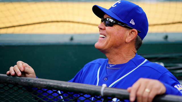 OAKLAND, CALIFORNIA - SEPTEMBER 18: Manager Ned Yost #3 of the Kansas City Royals speaks with fans prior to the game against the Oakland Athletics at Ring Central Coliseum on September 18, 2019 in Oakland, California.
