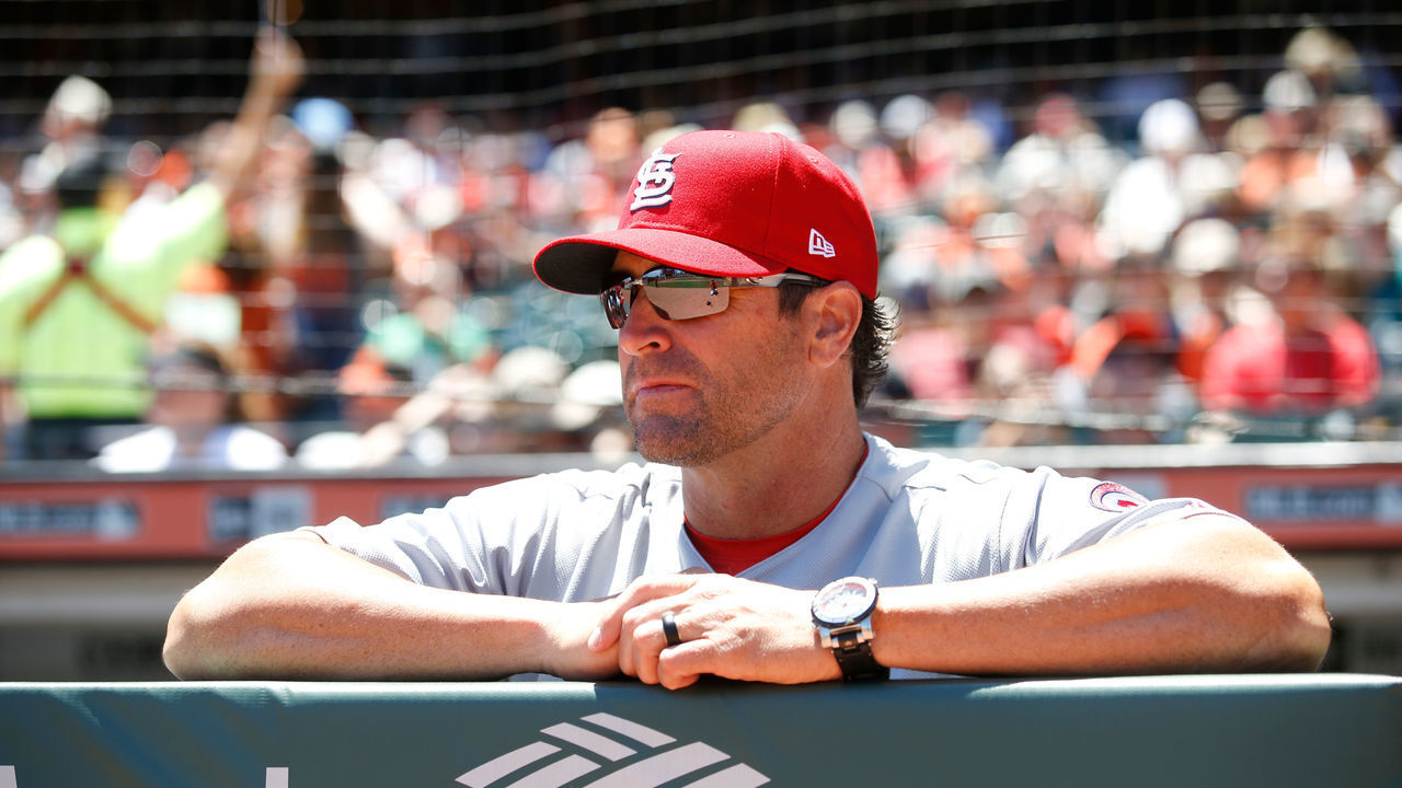SAN FRANCISCO, CA - JULY 7: Manager Mike Matheny #22 of the St Louis Cardinals stands in the dugout prior to the game against the San Francisco Giants at AT&T Park on July 7, 2018 in San Francisco, California. The Cardinals defeated the Giants 3-2.