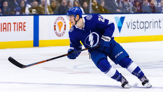 TORONTO, ON - MARCH 11: Brayden Point #21 of the Tampa Bay Lightning skates against the Toronto Maple Leafs during the first period at the Scotiabank Arena on March 11, 2019 in Toronto, Ontario, Canada.
