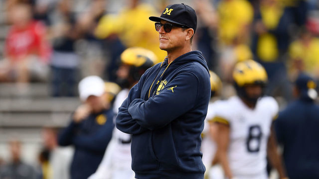 MADISON, WISCONSIN - SEPTEMBER 21: Head coach Jim Harbaugh of the Michigan Wolverines watches action prior to a game against the Wisconsin Badgers at Camp Randall Stadium on September 21, 2019 in Madison, Wisconsin.