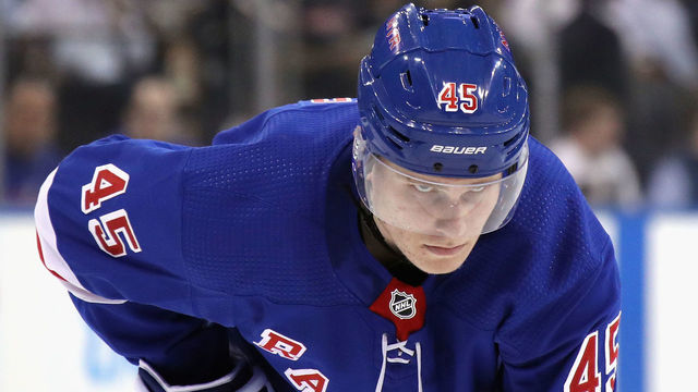 NEW YORK, NEW YORK - SEPTEMBER 18: Kaapo Kakko #45 of the New York Rangers skates against the New Jersey Devils at Madison Square Garden on September 18, 2019 in New York City. The Devils defeated the Rangers 4-3.