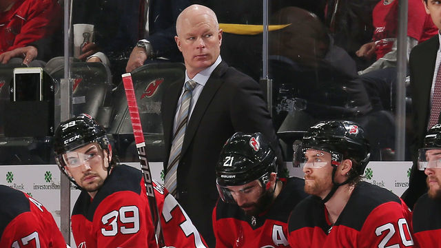 NEWARK, NJ - MARCH 25: New Jersey Devils head coack John Hynes looks on during the third period against the Buffalo Sabres at the Prudential Center on March 25, 2019 in Newark, New Jersey. The Devils defeated the Sabres 3-1.