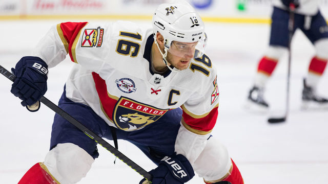 OTTAWA, ON - MARCH 28: Florida Panthers Center Aleksander Barkov (16) prepares for a face-off during first period National Hockey League action between the Florida Panthers and Ottawa Senators on March 28, 2019, at Canadian Tire Centre in Ottawa, ON, Canada.