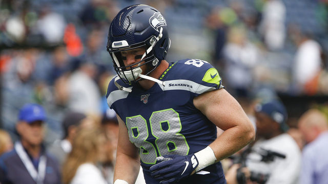 SEATTLE, WA - SEPTEMBER 08: Will Dissly #88 of the Seattle Seahawks warms up before the game against the Cincinnati Bengals at CenturyLink Field on September 8, 2019 in Seattle, Washington.