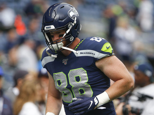 SEATTLE, WA - SEPTEMBER 08: Will Dissly #88 of the Seattle Seahawks warms up before the game against the Cincinnati Bengals at CenturyLink Field on September 8, 2019 in Seattle, Washington.
