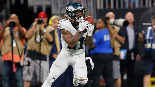 ATLANTA, GEORGIA - SEPTEMBER 15: Ronald Darby #21 of the Philadelphia Eagles intercepts this pass intended for Julio Jones #11 of the Atlanta Falcons during the second half at Mercedes-Benz Stadium on September 15, 2019 in Atlanta, Georgia.