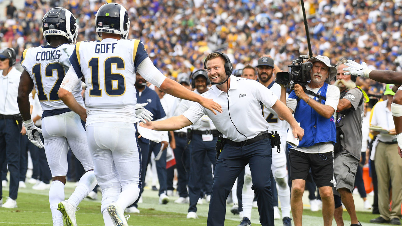 LOS ANGELES, CA - SEPTEMBER 15: Rams head coach Sean McVay greets Los Angeles Rams Wide Receiver Brandin Cooks (12) and Los Angeles Rams Quarterback Jared Goff (16) as they come off the field after a touchdown during an NFL game between the New Orleans Saints and the Los Angeles Rams on September 15, 2019, at the Los Angeles Memorial Coliseum in Los Angeles, CA.