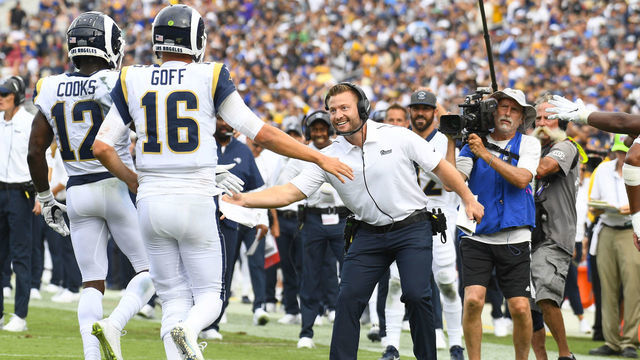 LOS ANGELES, CA - SEPTEMBER 15: Rams head coach Sean McVay greets Los Angeles Rams Wide Receiver Brandin Cooks (12) and Los Angeles Rams Quarterback Jared Goff (16) as they come off the field after a touchdown during an NFL game between the New Orleans Saints and the Los Angeles Rams on September 15, 2019, at the Los Angeles Memorial Coliseum in Los Angeles, CA.