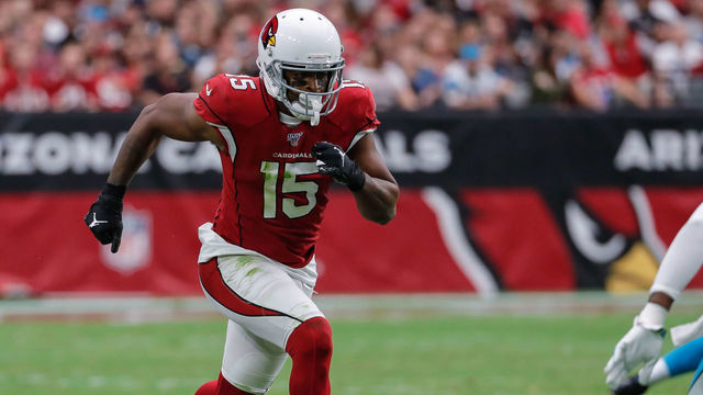 GLENDALE, AZ - SEPTEMBER 22: Arizona Cardinals wide receiver Michael Crabtree (15) runs a route during the NFL football game between the Carolina Panthers and the Arizona Cardinals on September 22, 2019 at State Farm Stadium in Glendale, Arizona.