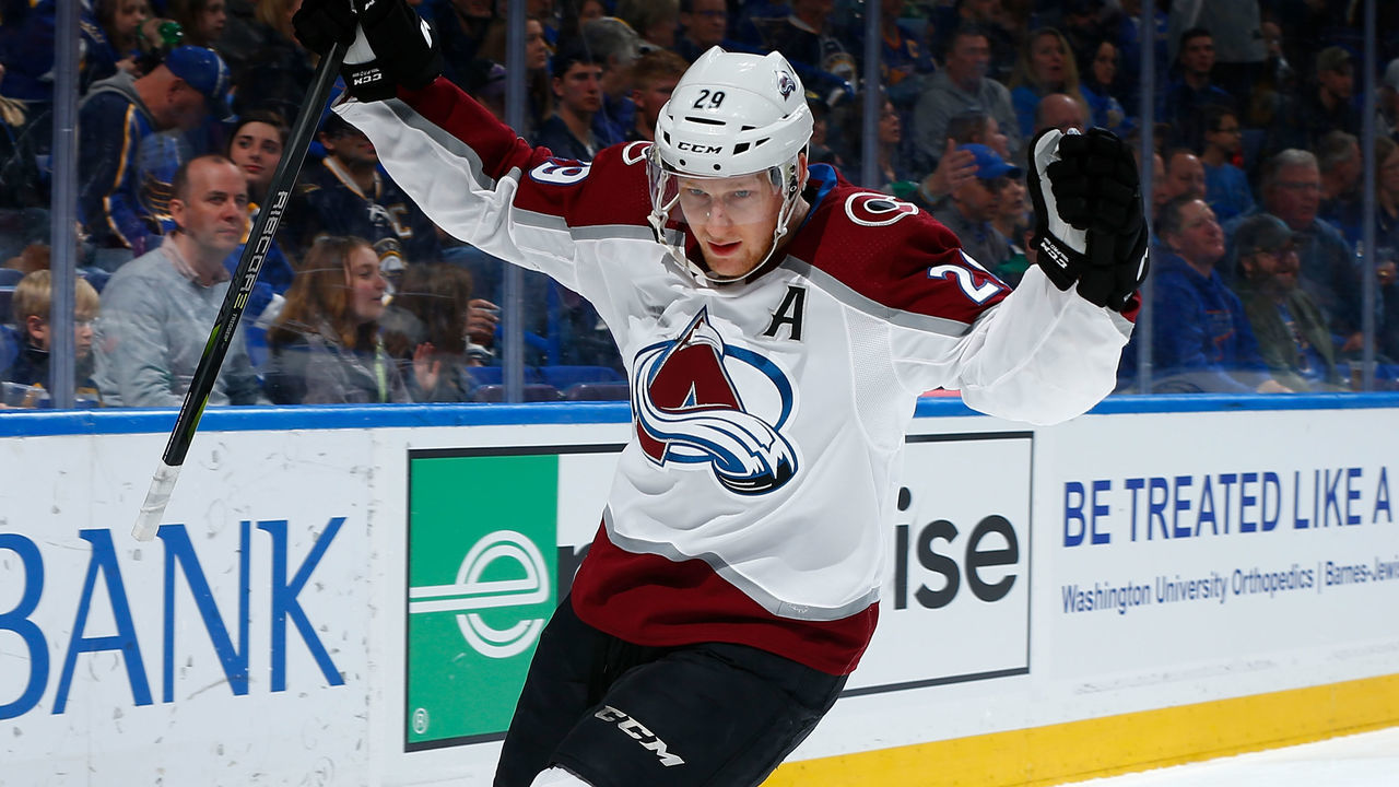 ST. LOUIS, MO - MARCH 15: Nathan MacKinnon #29 of the Colorado Avalanche celebrates after scoring a goal against the St. Louis Blues at Scottrade Center on March 15, 2018 in St. Louis, Missouri.