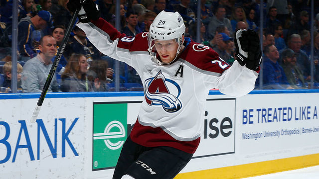 ST. LOUIS, MO - MARCH 15: Nathan MacKinnon #29 of the Colorado Avalanche celebrates after scoring a goal against the St. Louis Blues at Scottrade Center on March 15, 2018 in St. Louis, Missouri.