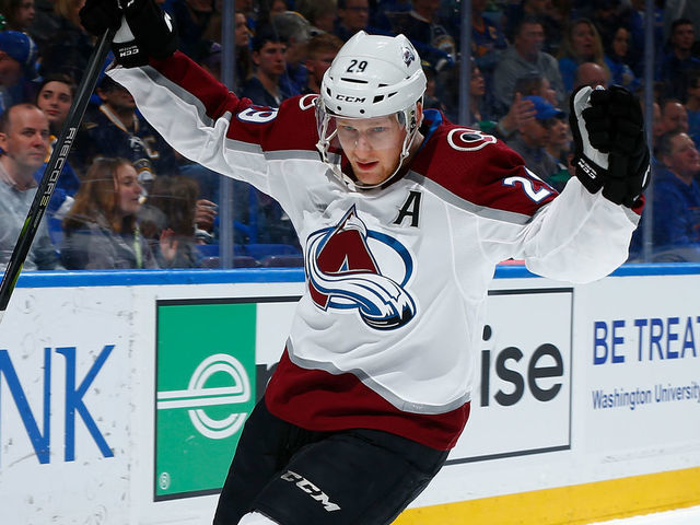 ST. LOUIS, MO - MARCH 15: Nathan MacKinnon #29 of the Colorado Avalanche celebrates after scoring a goal against the St. Louis Blues at Scottrade Center on March 15, 2018 in St. Louis, Missouri.