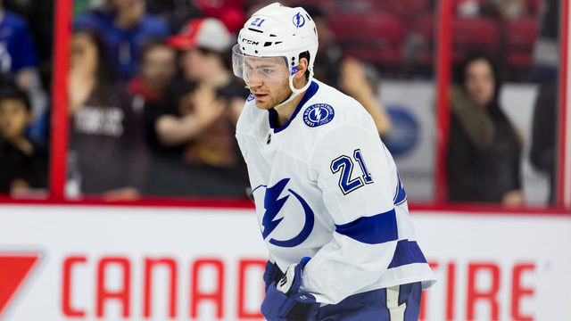 OTTAWA, ON - APRIL 01: Tampa Bay Lightning Center Brayden Point (21) during warm-up before National Hockey League action between the Tampa Bay Lightning and Ottawa Senators on April 1, 2019, at Canadian Tire Centre in Ottawa, ON, Canada.