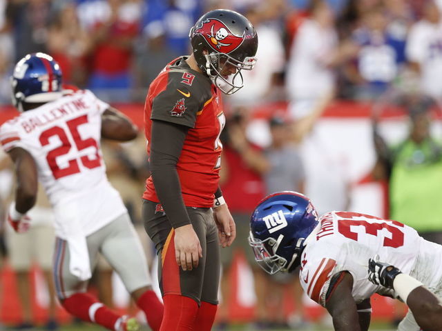 TAMPA, FLORIDA - SEPTEMBER 22: Kicker Matt Gay #9 of the Tampa Bay Buccaneers looks down dejectedly after missing what would have been the game-winning field as time expired during the game against the New York Giants at Raymond James Stadium on September 22, 2019 in Tampa, Florida.
