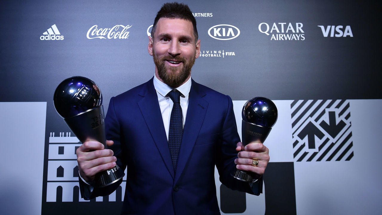 MILAN, ITALY - SEPTEMBER 23: Lionel Messi of FC Barcelona and Argentina poses with the The Best FIFA Men’s Player Award and The FIFA FIFPro Men's World11 Award trophies during The Best FIFA Football Awards 2019 at Teatro alla Scala on September 23, 2019 in Milan, Italy.