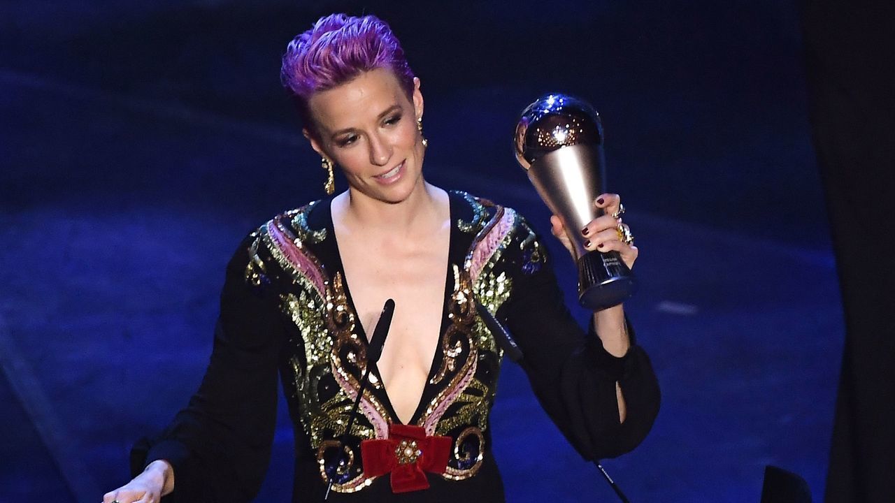 US and Reign FC midfielder Megan Rapinoe reacts after winning the trophy for the Best FIFA Women's Player of 2019 Award during The Best FIFA Football Awards ceremony, on September 23, 2019 in Milan.