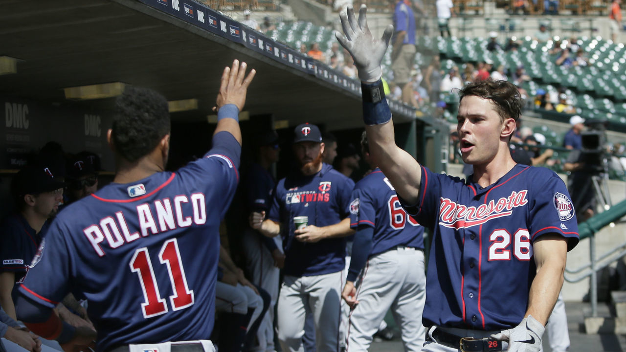 DETROIT, MI - SEPTEMBER 2: Jorge Polanco #11 of the Minnesota Twins and Max Kepler #26 of the Minnesota Twins joke around before a game against the Detroit Tigers at Comerica Park on September 2, 2019 in Detroit, Michigan. Kepler's single during the eighth inning drove in two run to beat the Detroit Tigers 4-3.