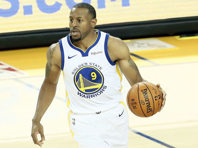 OAKLAND, CA - JUNE 5: Andre Iguodala #9 of the Golden State Warriors handles the ball against the Toronto Raptors during Game Three of the NBA Finals on June 5, 2019 at ORACLE Arena in Oakland, California. NOTE TO USER: User expressly acknowledges and agrees that, by downloading and/or using this photograph, user is consenting to the terms and conditions of Getty Images License Agreement. Mandatory Copyright Notice: Copyright 2019 NBAE