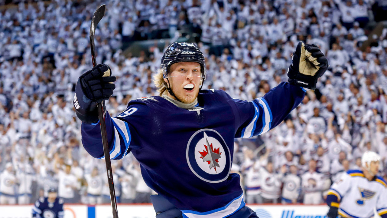 WINNIPEG, MB - APRIL 10: Patrik Laine #29 of the Winnipeg Jets celebrates after scoring a first period goal against the St. Louis Blues in Game One of the Western Conference First Round during the 2019 NHL Stanley Cup Playoffs at the Bell MTS Place on April 10, 2019 in Winnipeg, Manitoba, Canada.
