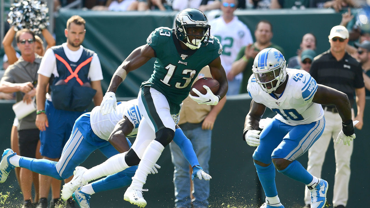PHILADELPHIA, PENNSYLVANIA - SEPTEMBER 22: Nelson Agholor #13 of the Philadelphia Eagles carries the ball and scores a touchdown during their game against the Detroit Lions at Lincoln Financial Field on September 22, 2019 in Philadelphia, Pennsylvania. The Lions won 27-24.