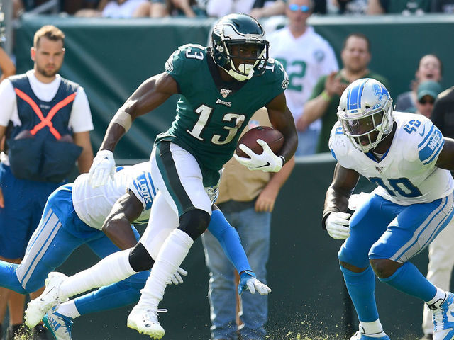 PHILADELPHIA, PENNSYLVANIA - SEPTEMBER 22: Nelson Agholor #13 of the Philadelphia Eagles carries the ball and scores a touchdown during their game against the Detroit Lions at Lincoln Financial Field on September 22, 2019 in Philadelphia, Pennsylvania. The Lions won 27-24.