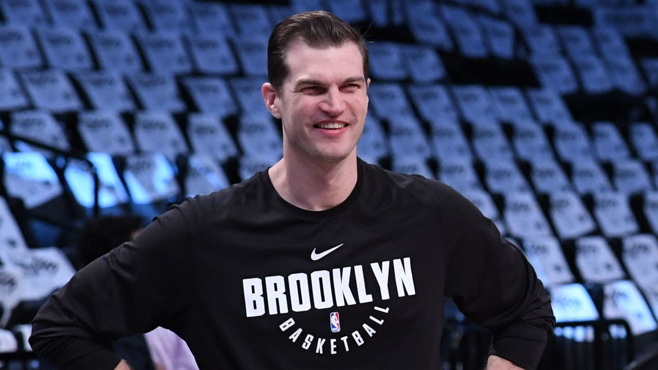 NEW YORK, NY - APRIL 20: Sean Marks and Tiago Splitter of the Brooklyn Nets before the game against the Philadelphia 76ers on Game Four of Round One of the 2019 NBA Playoffs at Barclays Center on April 20, 2019 in the Brooklyn borough of New York City.