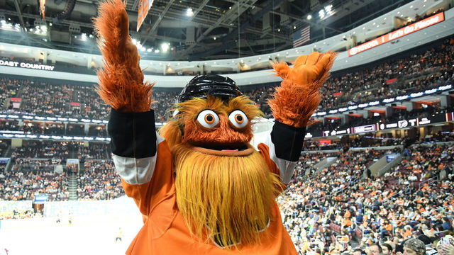 PHILADELPHIA, PA - OCTOBER 22: Flyers mascot Gritty waves to the crowd during the regular season game between the Colorado Avalanche and the Philadelphia Flyers on October 22, 2018, at the Wells Fargo Center in Philadelphia, PA.