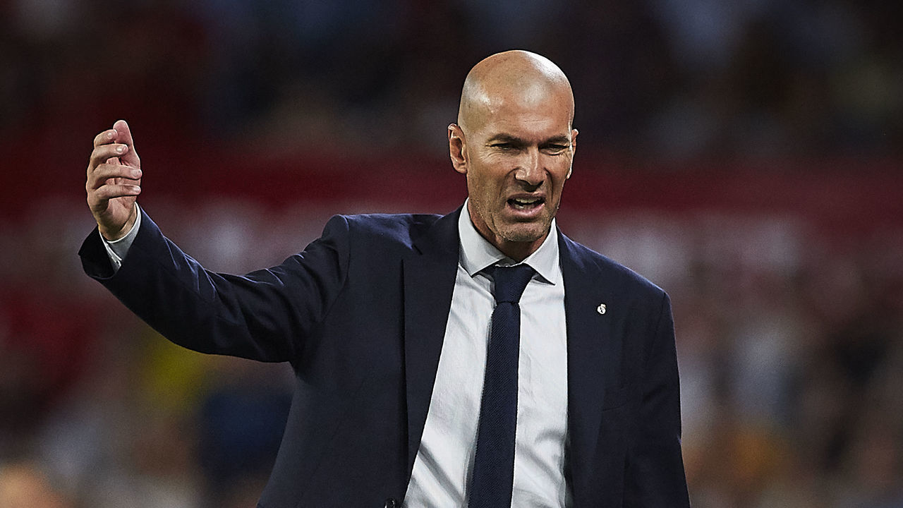 SEVILLE, SPAIN - SEPTEMBER 22: Zinedine Zidane, Manager of Real Madrid reacts during the la Liga match between Sevilla FC and Real Madrid CF at Estadio Ramon Sanchez Pizjuan on September 22, 2019 in Seville, Spain.