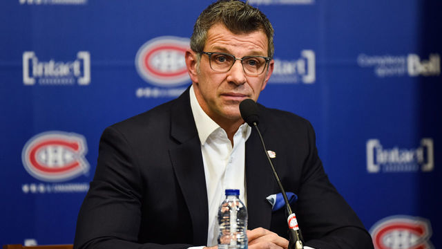 BROSSARD, QC - APRIL 9: Montreal Canadiens General Manager Marc Bergevin listens to journalists questions during the Montreal Canadiens end of season press conference on April 9, 2018, at Bell Sports Complex in Brossard, QC