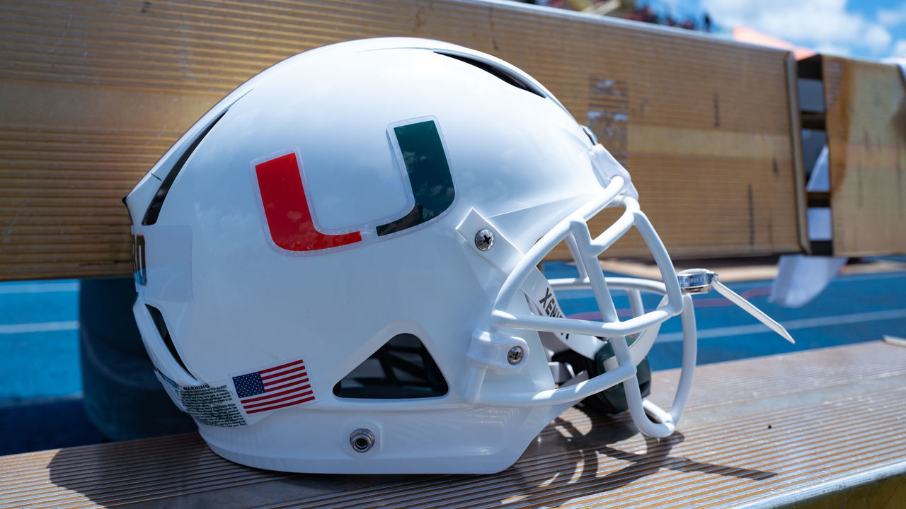 MIAMI, FL - APRIL 13: A general view of the Miami Hurricanes helmet on the bench during the annual Spring Game at Nathaniel Traz-Powell Stadium on April 13, 2019 in Miami, Florida.