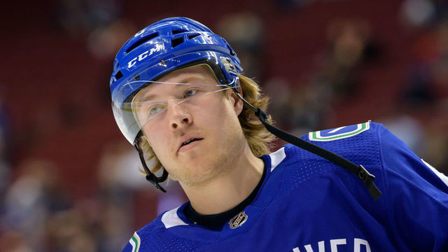 VANCOUVER, BC - MARCH 28: Vancouver Canucks Right Wing Brock Boeser (6) skates during warmup prior to their NHL game against the Los Angeles Kings at Rogers Arena on March 28, 2019 in Vancouver, British Columbia, Canada. Vancouver won 3-2 in a shootout.