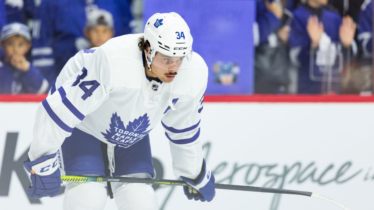 OTTAWA, ON - SEPTEMBER 18: Toronto Maple Leafs center Auston Matthews (34) during warm-up before National Hockey League preseason action between the Toronto Maple Leafs and Ottawa Senators on September 18, 2019, at Canadian Tire Centre in Ottawa, ON, Canada.