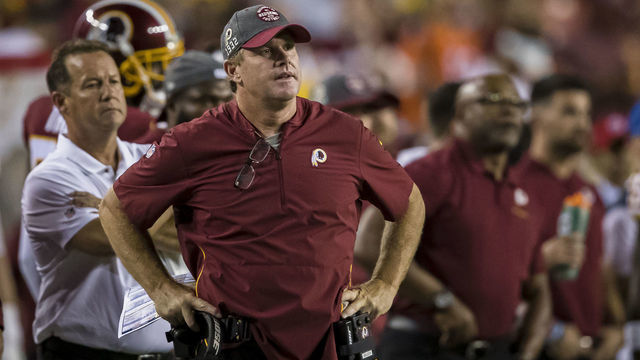 LANDOVER, MD - SEPTEMBER 23: Head coach Jay Gruden of the Washington Redskins looks on against the Chicago Bears during the second half at FedExField on September 23, 2019 in Landover, Maryland.