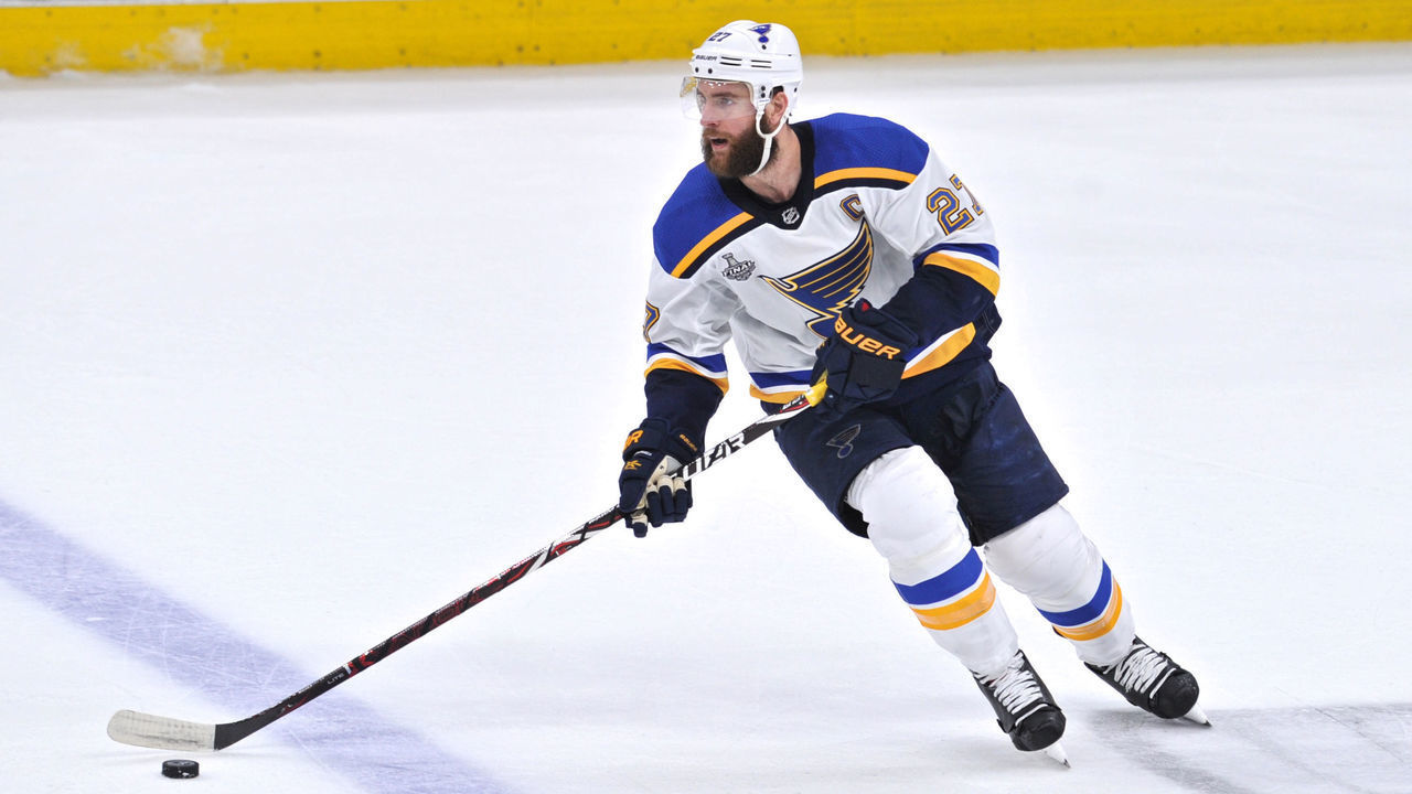 BOSTON, MA - JUNE 6: St. Louis Blues defenseman Alex Pietrangelo (27) skates up ice with the puck across the blue line. During Game 5 of the Stanley Cup Finals featuring the St. Louis Blues against the Boston Bruins on June 6, 2019 at TD Garden in Boston, MA.