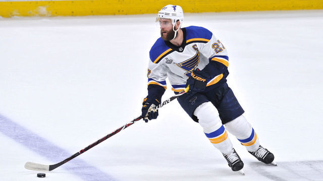 BOSTON, MA - JUNE 6: St. Louis Blues defenseman Alex Pietrangelo (27) skates up ice with the puck across the blue line. During Game 5 of the Stanley Cup Finals featuring the St. Louis Blues against the Boston Bruins on June 6, 2019 at TD Garden in Boston, MA.