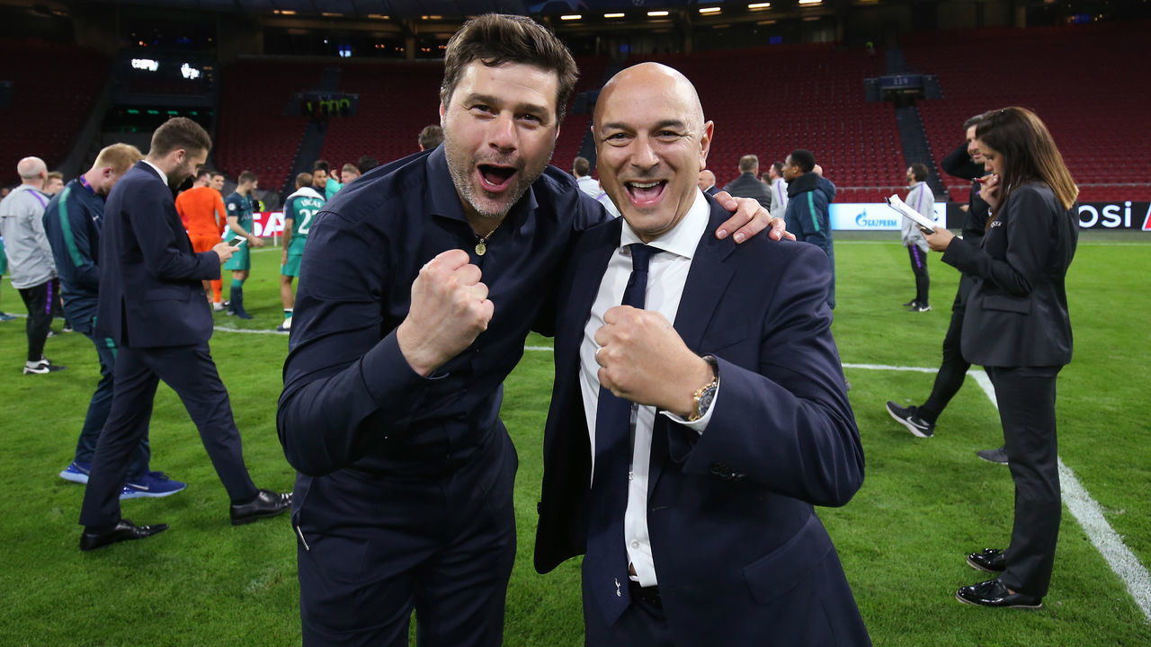 AMSTERDAM, NETHERLANDS - MAY 08: Mauricio Pochettino, Manager of Tottenham Hotspur and Chairman Daniel Levy celebrate during the UEFA Champions League Semi Final second leg match between Ajax and Tottenham Hotspur at the Johan Cruyff Arena on May 08, 2019 in Amsterdam, Netherlands.